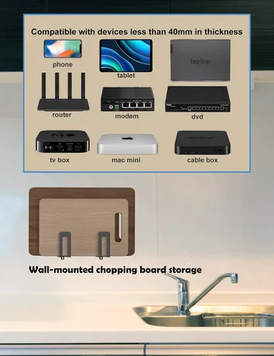 Vista 6 de Soporte de pared multifuncional para portátil y teclado, soporte de caja de cable para router/módem/caja de TV/tableta/libro electrónico/teléfono