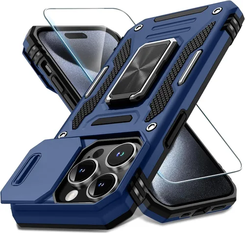 Vista 292 de DEERLAMN Funda para iPhone Xs Max con funda deslizante para cámara + protector de pantalla, soporte giratorio de anillo de grado militar a prueba