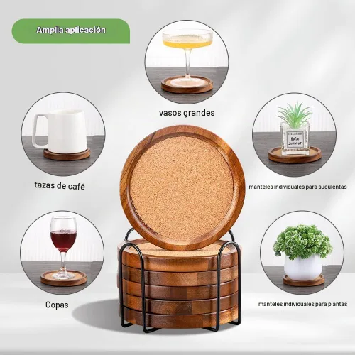 Vista 4 de WLWNWFT Posavasos de Corcho de Madera para Bebidas Absorbentes con Soporte, WLWNWFT Juego de Posavasos de Madera de Acacia Rústicos de Granja