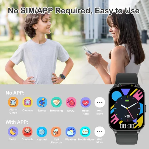 Vista 6 de Reloj inteligente para niños de 1.85" con rastreador de fitness y sueño, reloj inteligente para niños resistente al agua IP68, regalos para niños
