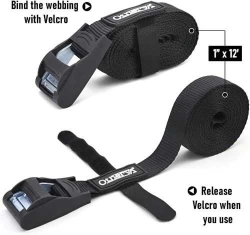 Vista 2 de Otherya 1" x 12 Ft Motorcycle Tie Down Straps (4 Pack) Lab Tested 1100lb Break Strength, Steel Cambuckle Tiedown Set with Integrated Soft Loops