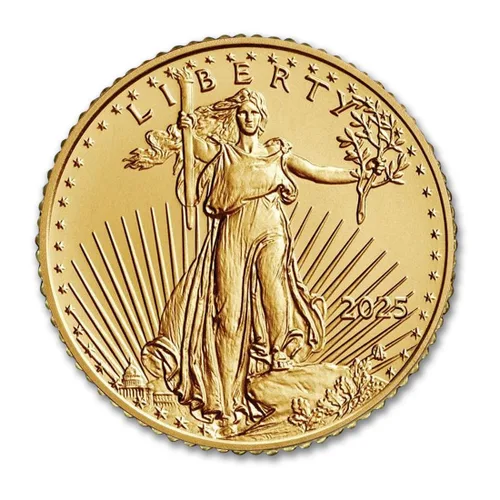 Vista 3 de Moneda de águila de oro americano brillante sin circular de 1/10 oz 2025 con certificado de autenticidad $5 BU Brilliant Uncirculated with a
