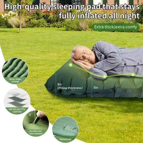 Vista 3 de Almohadilla de dormir para camping, extra gruesa de 5 pulgadas, ultraligera para acampar con almohada, bomba de pie integrada, almohadillas