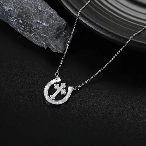 Vista 5 de YAFEINI Collar de cruz de herradura de plata de ley 925 con colgante de cruz de herradura, regalos de joyería para niñas y mujeres, No es una piedra