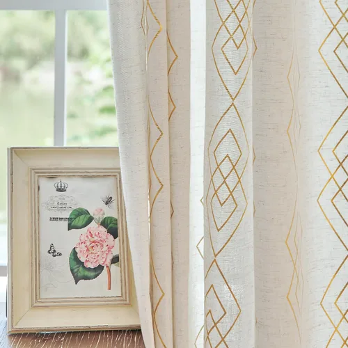 Vista 11 de Cortinas de lino bohemio para dormitorio y sala de estar, cortinas de estilo granja 63 pulgadas de largo, diseño geométrico a rayas con ojales