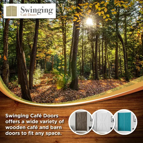Vista 3 de Swinging Cafe Doors Puertas de salón estilo granero imprimadas Madera maciza de 3/4 pulgadas de grosor con soporte británico, herrajes de cromo