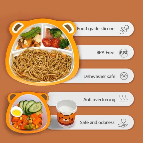 Vista 4 de Juego de vajilla infantil para bebés y niños pequeños, cuenco de bambú, taza, tenedor, cuchara y platos divididos, apto para lavavajillas
