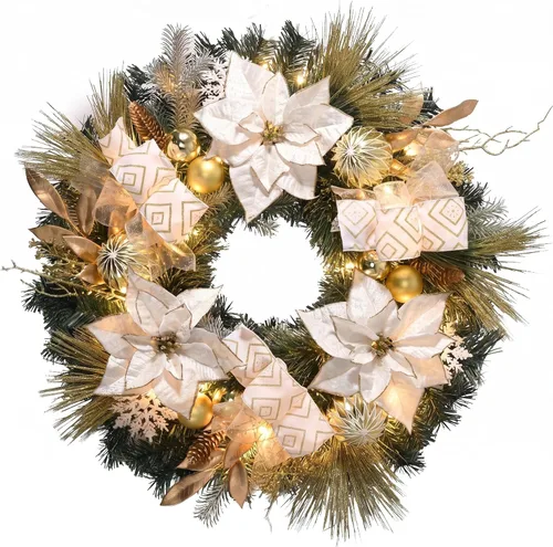 Vista 9 de Valery Madelyn 24" Pre-Lit Large Christmas Wreath for Front Door with Light Corona de Navidad plegable iluminada para exteriores con bolas de Oro