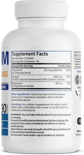Vista 2 de Bronson Calcio 1200 mg por porción liberación sostenida con vitamina D3 1000 UI de vitamina D3 por porción sin OMG, 90 tabletas