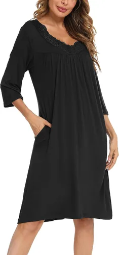 Vista 2 de YYA Camisones para mujer, manga 34, ropa de dormir de encaje cómoda, plisada, cuello en V, talla grande, tallas S-4XL