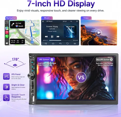 Vista 6 de Estéreo de coche inalámbrico de 7" de doble DIN con Apple CarPlay Android Auto 178 * 102mm, radio de reproducción de coche con pantalla táctil