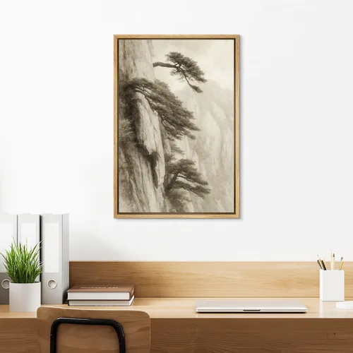 Vista 4 de SIGNLEADER Lienzo enmarcado para pared, pinos resistentes en acantilado, árbol de montaña en tono sepia, ilustración de paisaje, arte moderno