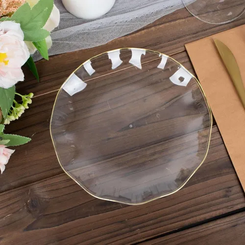 Vista 190 de Tableclothsfactory Paquete de 10 platos redondos de plástico negro de 6 pulgadas para ensalada de postre, platos desechables con borde ondulado