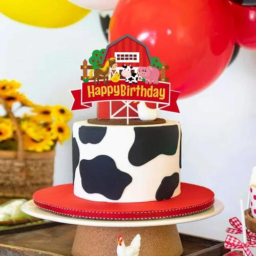Vista 4 de Decoración para tartas de cumpleaños con temática de granja de granero, granero, animales de granja, decoración de fiesta de cumpleaños