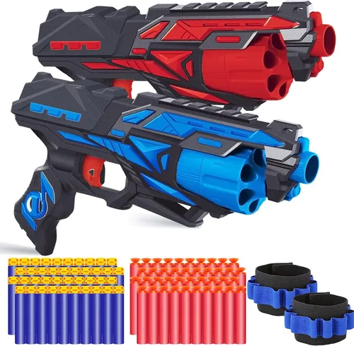 Vista 8 de POKONBOY Paquete de 2 Pistolas Lanzadoras de Espuma de Juguete, Pistola de Juguete Lanzadora con 2 Muñequeras y 80 Dardos de Recambio, Tambor