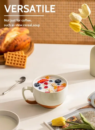 Vista 7 de Teocera Juego de 4 tazas de café color beige, taza de café de cerámica de 16 onzas, juego de tazas grandes con asa para bebidas frías o calientes