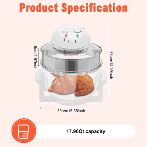 Vista 3 de Turbo - Freidora de aire, 17L, 1400 W, 360°, con anillo de expansión, horno halógeno para cocinas, restaurantes, puestos de comida