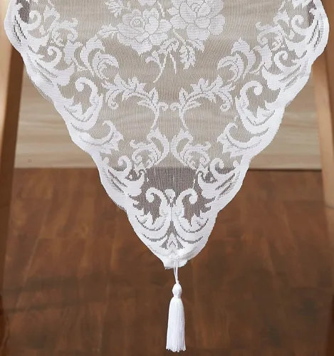 Vista 4 de ASATEX Camino de mesa de encaje blanco de 14 x 36 pulgadas con 2 borlas. El patrón floral clásico y elegante es la opción ideal para cualquier