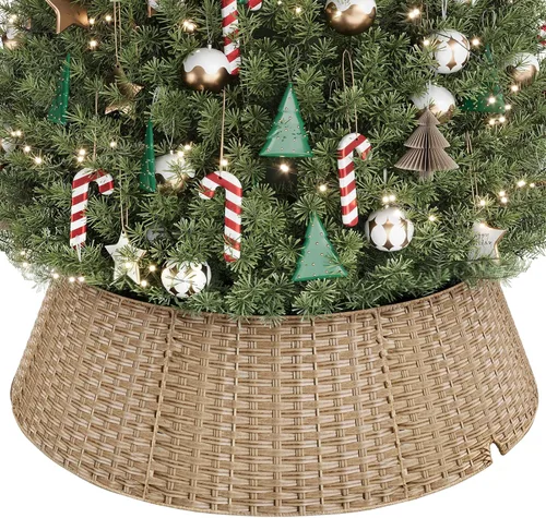 Vista 9 de Collar de mimbre para árbol de Navidad, cubierta de base de árbol PP marrón plano