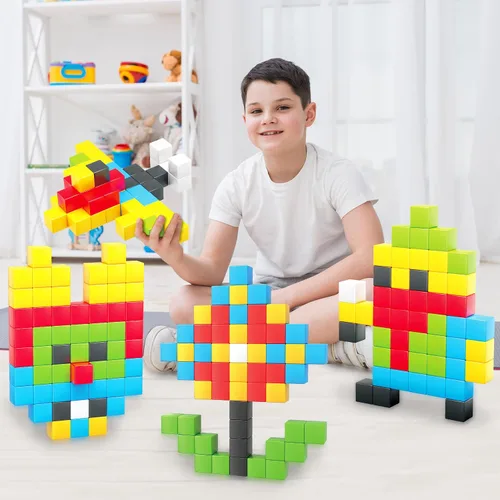 Vista 2 de PicassoTiles Juego de Construcción de Cubos de Rompecabezas Magnéticos de 60 Piezas, Bloques 3D de 1 Pulgada, Juguete de Construcción STEM