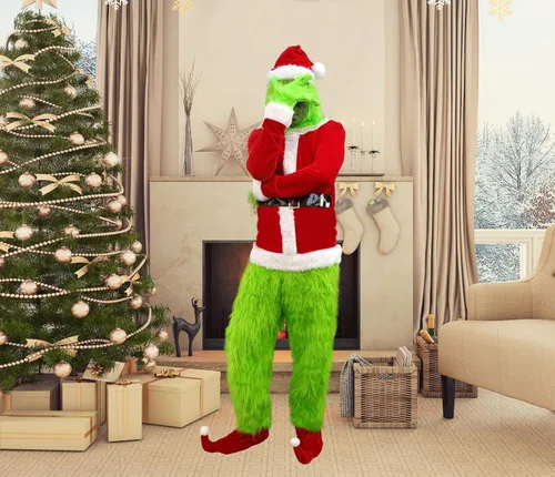 Vista 4 de Fisemira Green Monster Costume Suit Gloves, Christmas Funny 7PCS Deluxe Furry Santa Adult Men Women Decoration