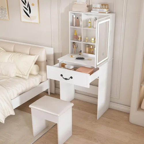 Vista 10 de Escritorio de tocador para adolescentes con espejo y luces, pequeña mesa de tocador con espejo deslizante, mini tocador de maquillaje con cajones