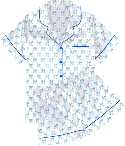 Vista 6 de Ekouaer Conjunto de pijama de satén de seda para mujer, suave, de manga corta, con botones, ropa para dormir, camiseta y pantalones cortos, juego