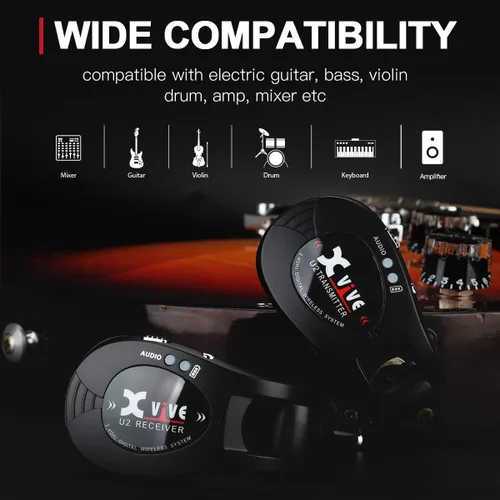 Vista 10 de Xvive Sistema inalámbrico de guitarra U2 con transmisor y receptor para guitarras eléctricas, bajo, violín (negro) Baja latencia de 5 ms, duración