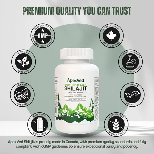 Vista 3 de Shilajit puro del Himalaya – 60 cápsulas Aprobado por Health Canada Energía, resistencia y claridad mental Vegano y probado en laboratorio