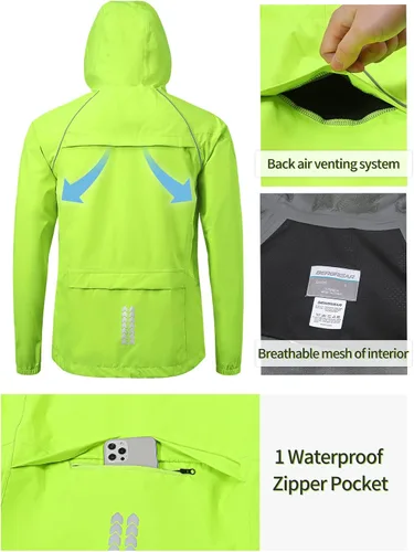 Vista 5 de BERGRISAR Chaqueta de lluvia de ciclismo para hombre, impermeable, rompevientos, chaqueta de bicicleta, capucha para correr, abrigo de lluvia