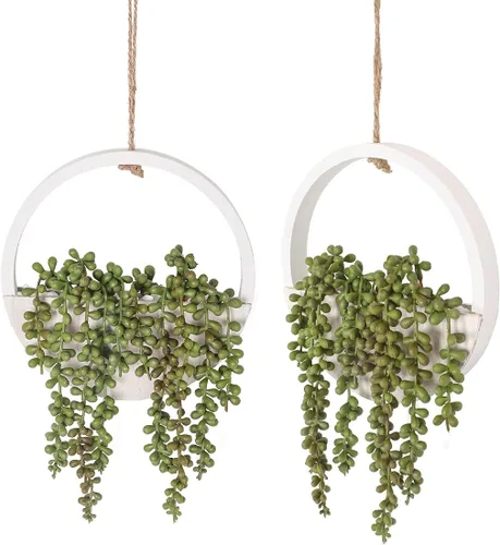 Vista 10 de Floweroyal 2pcs Plantas Suculentas Artificiales Colgantes 20.1'' Cadena de Perlas Falsas en Maceta con Cordón de 9.4'' para Decoración de Pared