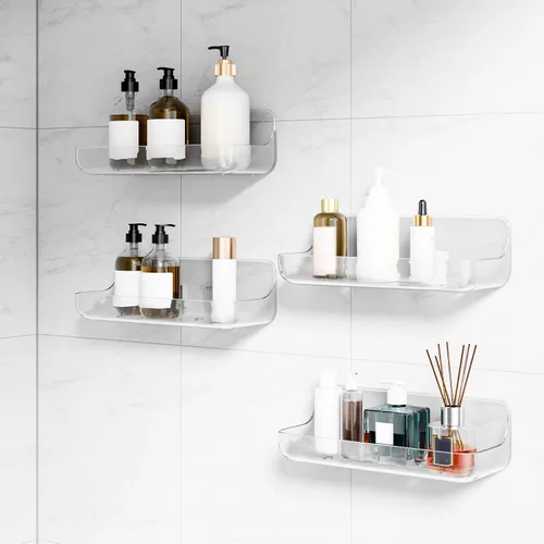 Vista 8 de Organizador adhesivo para ducha, paquete de 2 estantes acrílicos para baño, sin taladro, organizador de montaje en pared, estante de almacenamiento