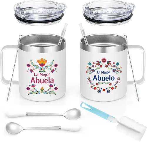 Vista 5 de Qtencas Regalo de Navidad de los abuelos, La Mejor Abuela El Mejor Abuelo Juego de Taza de Café de Acero Inoxidable en Español, Regalo de Navidad