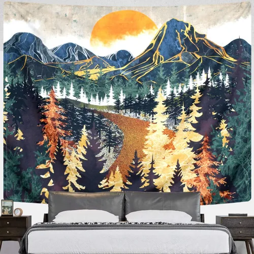 Vista 4 de SENYYI Tapiz colgante de pared de montaña, arte de árboles del bosque, puesta de sol, camino en la naturaleza, paisaje, decoración del hogar
