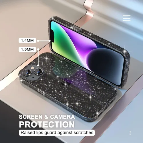 Vista 4 de Choiche, funda para iPhone 14 de mujer, brillante, protección de grado militar, 2 cubiertas de lentes de cámara Diamond, 2 protectores de vidrio