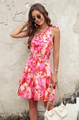 Vista 2 de PRETTYGARDEN - Vestido de verano para mujer, con lazo y un hombro, bohemio, floral, cintura elástica, volantes, línea A, con volantes, mini vestidos