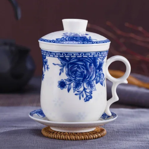 Vista 7 de Taza de té de porcelana con tapa de infusor y juegos de platillos – Taza de café de cerámica china Jingdezhen Taza de té de hoja suelta Sistema