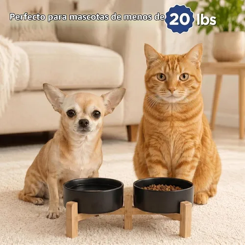 Vista 7 de SPUNKYJUNKY Cuencos elevados de cerámica para perros, 5.1 pulgadas, para comida de perros y gatos, cuencos elevados con soporte de bambú Negro