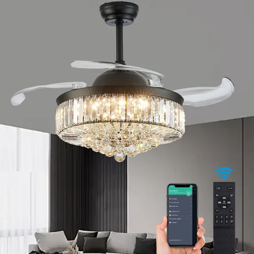 Vista 14 de DuMaiWay Ventilador de techo de 30 pulgadas con lámpara de cristal de luz, ventilador de techo reversible moderno, regulable, temporizador Negro