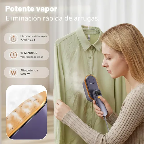 Vista 2 de Vaporizador portátil de viaje para ropa de 1200 W, potente vaporizador y plancha 2 en 1, calor rápido de 10 segundos, 4 modos con pantalla LED