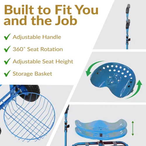Vista 3 de Sunnydaze Carrito de jardín con ruedas - Taburete de jardín con ruedas - Asiento de jardinería con ruedas con mango extensible - Asiento giratorio