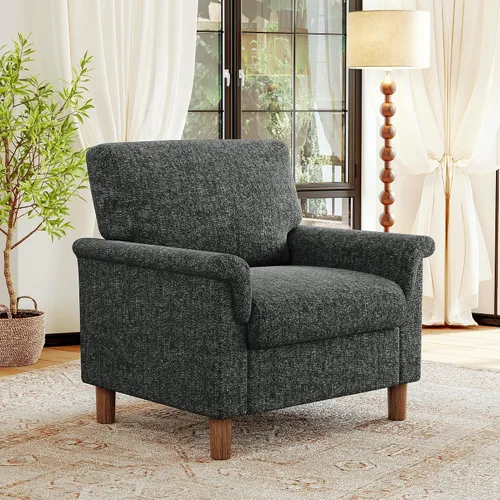 Vista 24 de Silla giratoria decorativa, moderna tapizada con brazo curvado, tela de terciopelo, cómoda silla de lectura con base de madera maciza para sala