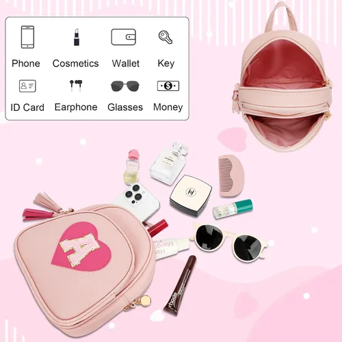 Vista 6 de Mini mochila inicial para niñas, linda mochila pequeña con corazón para niños, con borla, regalos personalizados para adolescentes y mujeres, Rosa, A