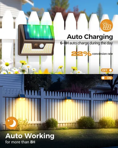 Vista 4 de vighep Paquete de 12 luces solares de movimiento para exteriores, luces impermeables para valla al aire libre, luces LED de pared blancas cálidas