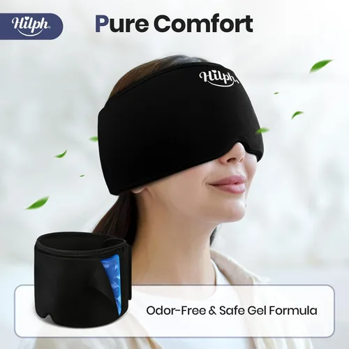 Vista 7 de Hilph Gorra ajustable para aliviar la migraña con compresa fría de gel grueso, gorra para aliviar el dolor de cabeza, máscara de enfriamiento facial