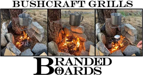 Vista 4 de Parrilla portátil de Bushcraft con rejilla para barbacoa de acero inoxidable, tabla de cortar de bambú, bolsa de arpillera, cuchillo mini, kits