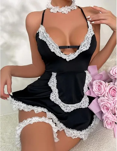 Vista 6 de Lencería sexy de sirvienta para mujer para sexo, disfraz de sirvienta francesa traviesa para juegos de rol, delantal con ribete de encaje, elegante