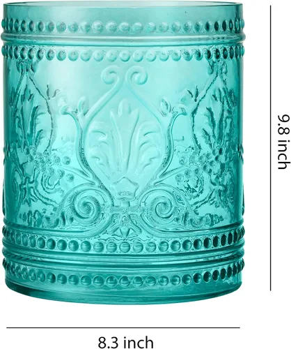 Vista 8 de Juego de 5 accesorios de baño de vidrio azul verde azulado y cesta de basura con patrón decorativo prensado, incluye dispensador de jabón de mano