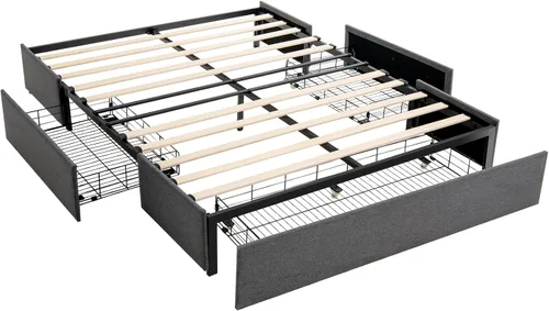 Vista 7 de KOMFOTT Base de cama tamaño Queen con 3 cajones, plataforma tapizada de tela, base de colchón con soporte de listones de madera, no necesita somier