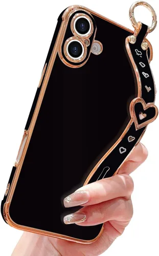 Vista 18 de IDweel Funda para iPhone 11 Pro Max con correa de pulsera ajustable, lazo atril, chapado de lujo de corazón, esquinas elevadas, a prueba de golpes
